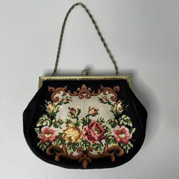 Vintage Handbag Tapestry Needlepoint Evening Framed Black Floral Gold Chain - Picture 6 of 16
